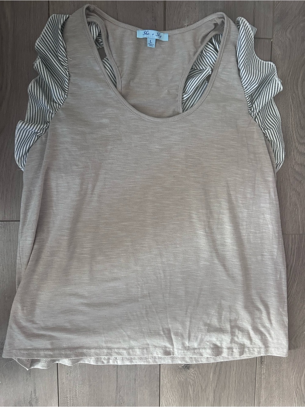 She + Sky Taupe Tank Top with Striped Ruffle Sleeves
